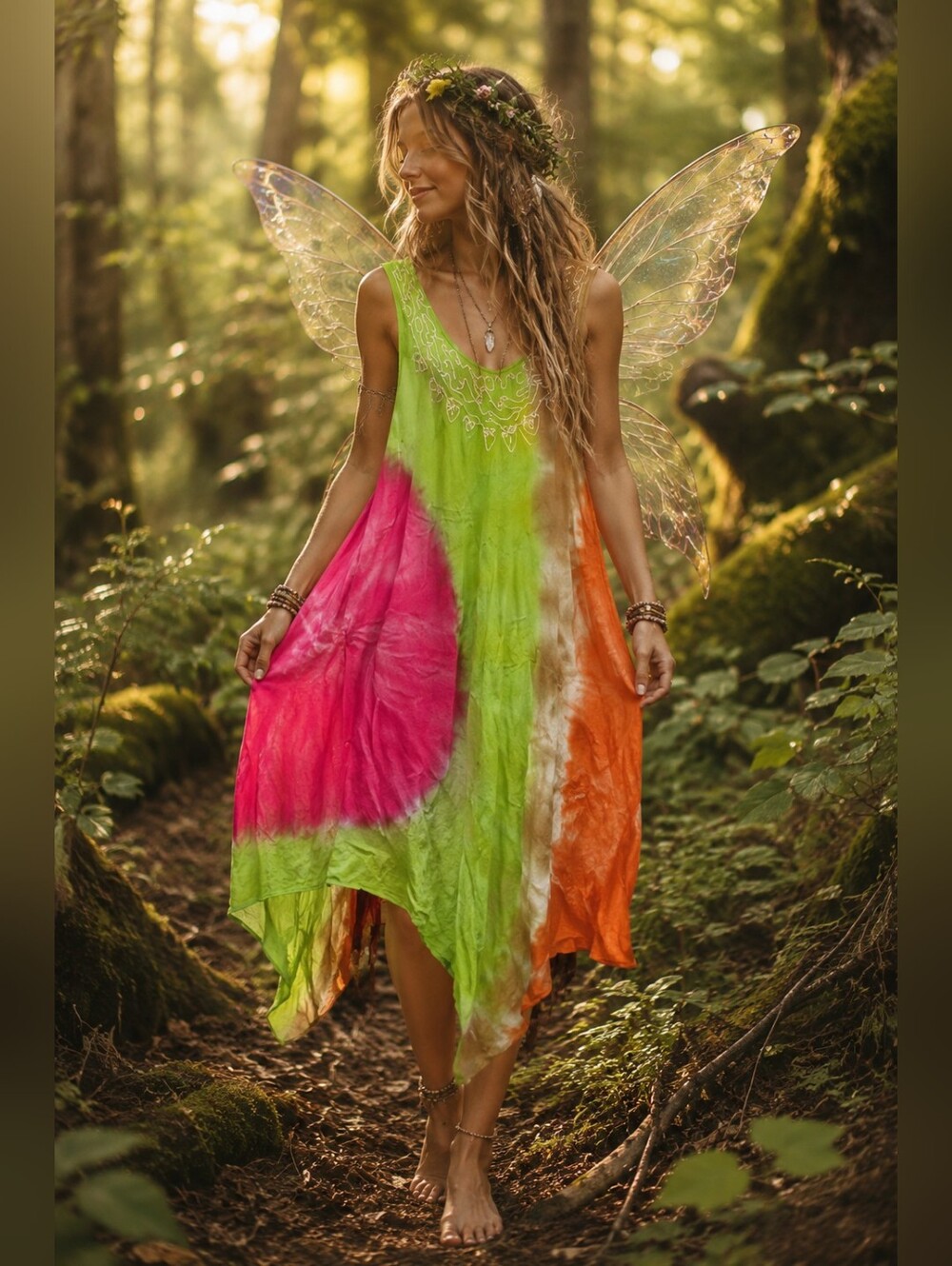 Tie-Dye Sleeveless Swing Dress in Lime, Pink & Orange